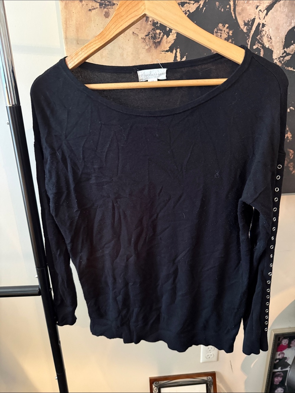 Magnolia Black Long-Sleeve Tee with Eyelet Sleeve Accents